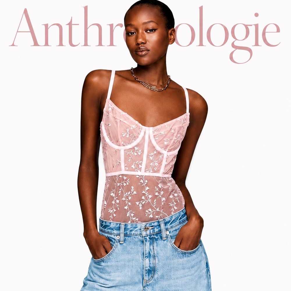 Anthropologie Lyrebird Pink Floral Mesh Corset Bodysuit L